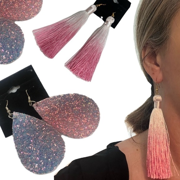 Novelty Pink Purple Ombre Tassel and Glitter Drop Earrings Set of 2. - Picture 1 of 6